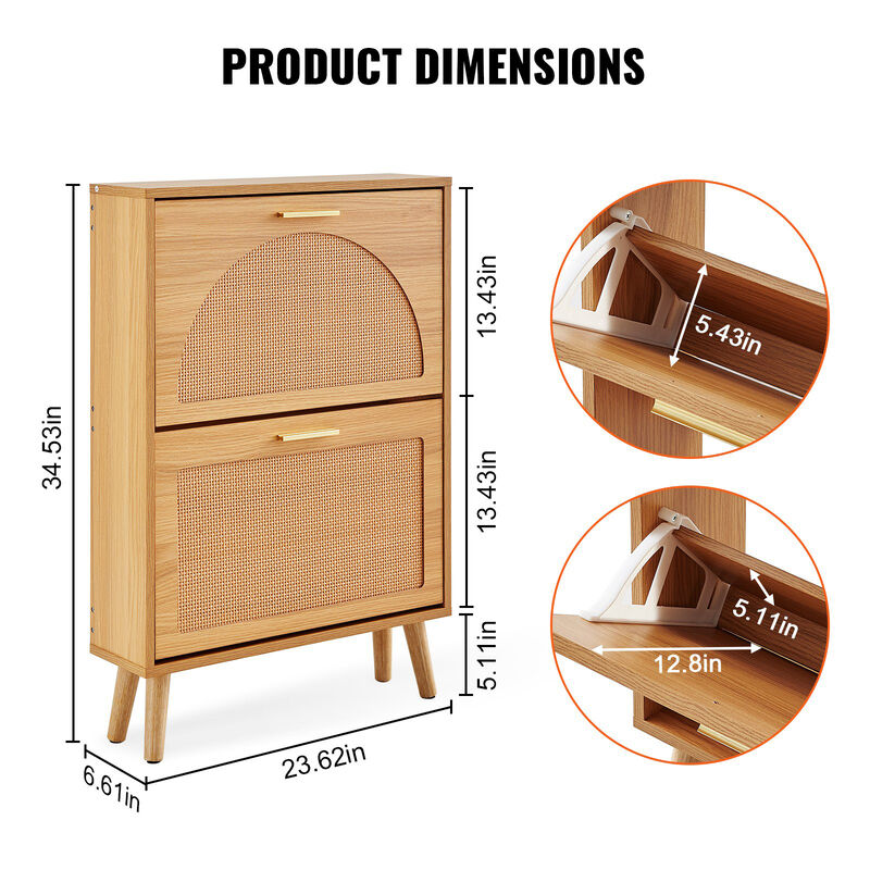 Shoe Cabinet with 2 Flip Rattan Drawers, Freestanding Storage for Entryway