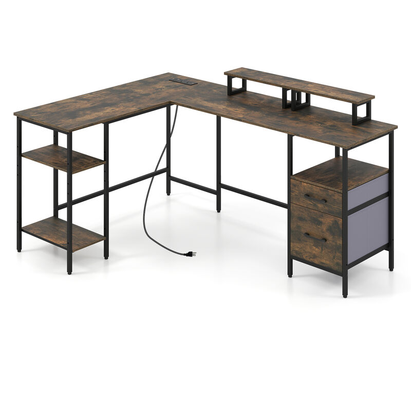 Reversible L Shaped Office Desk with Built-in Power Outlet and Monitor Shelf Workstation-Rustic Brown image number 0