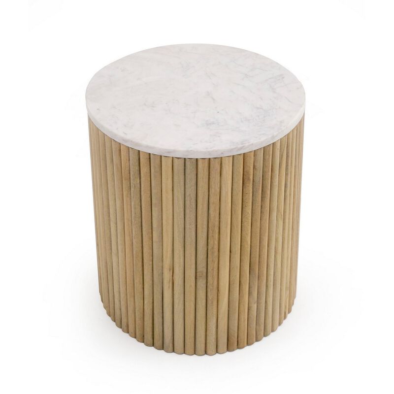 Cid Jolie 18 Inch Side End Table, White Marble Top, Brown Mango Wood Base