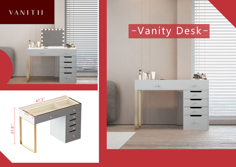 VANITII 6 Drawers Modern Makeup Vanity Desk Dressers With Glass