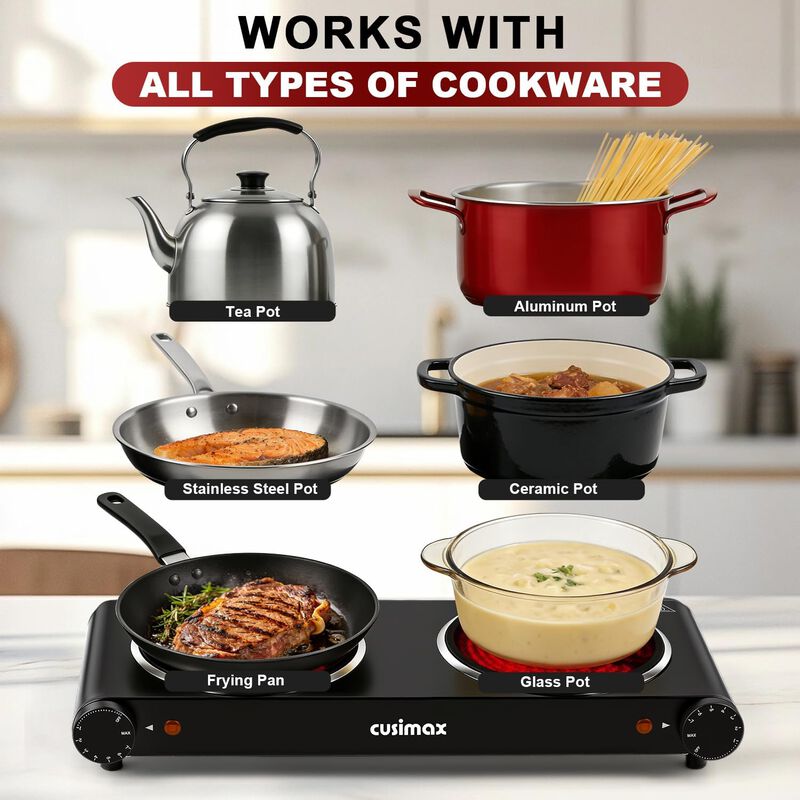 Cusimax 7.1 inch Portable Electric Hot Plate, 1800W Glass Dual Countertop Electric Cooktop, Stainless Steel Infrared Electric Stove image number 3