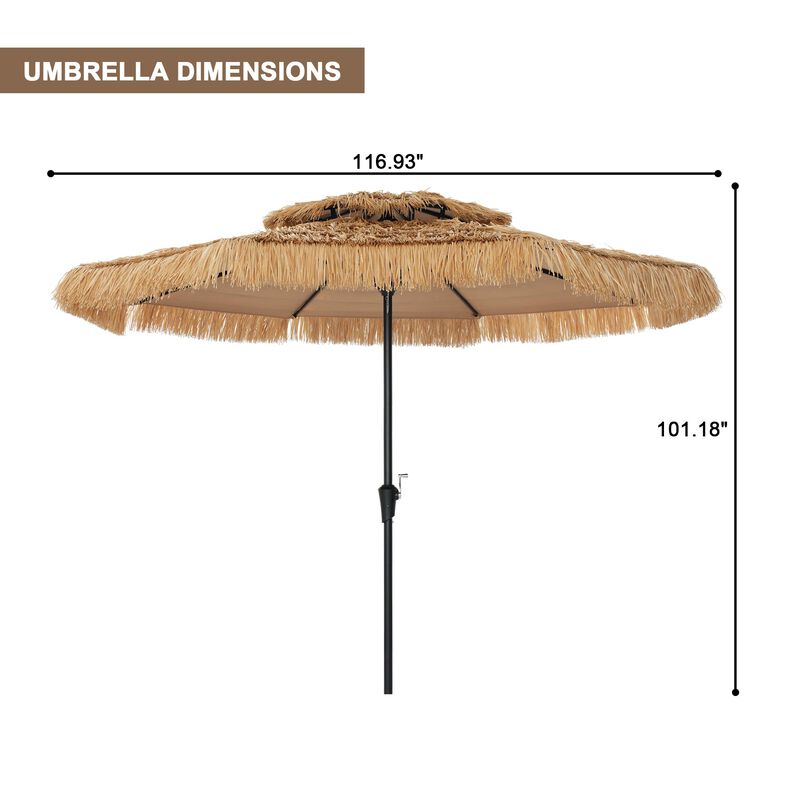 Mondawe 10 ft Hawaiian Style Crank Design 2 Tier Thatched Tiki Straw Patio Umbrella Shade