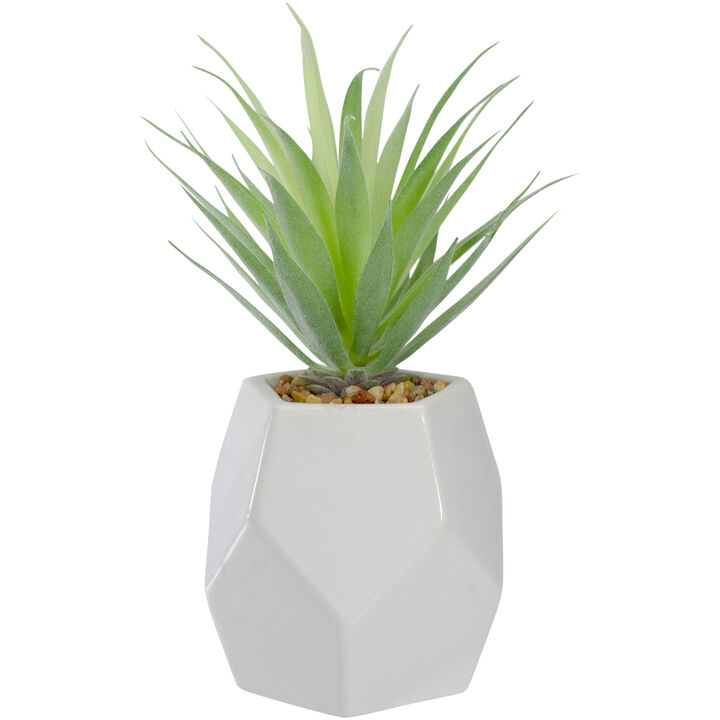 7.5" Green Artificial Sword Grass in a White Geometric Pot