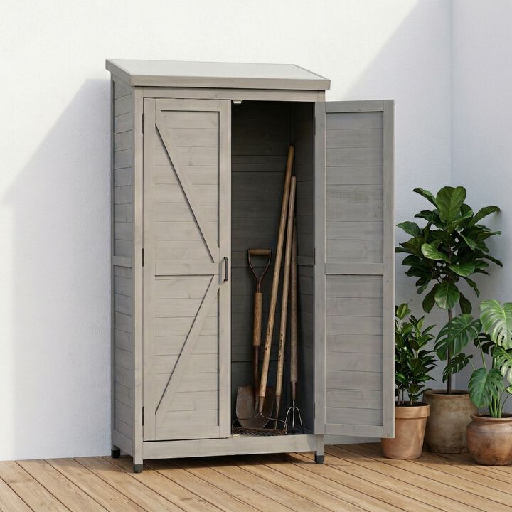 WOW PIONEER Spacious Tall Vertical Outdoor Wooden Storage Shed with Sloped Metal Top for Backyard Garden Patio Lawn Tool and Supply Organization