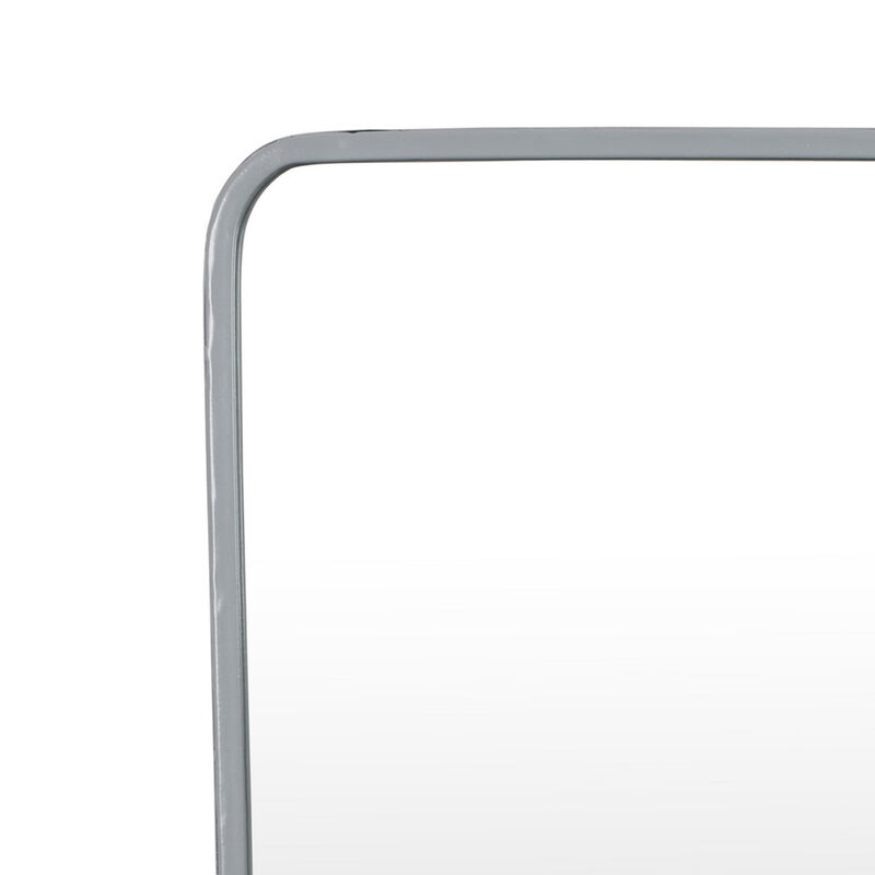 Elpis Wall Mirror Decor with Woven Shelf,  20 Inch Tall, Gray Metal - Benzara