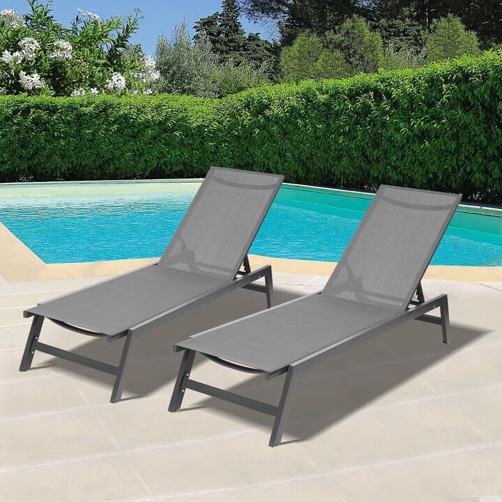 Outdoor 2-Pcs Set Chaise Lounge Chairs, Five-Position Adjustable Aluminum Recliner, All Weather For Patio, Beach, Yard, Pool(Grey Frame/Dark Grey Fabric)