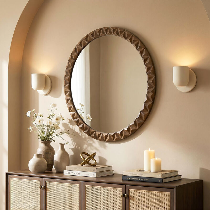 26" Geometric Carved Pine Wood Round Wall Mirror image number 3