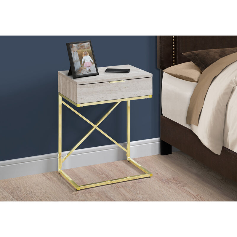 Monarch Specialties I 3473 Accent Table, Side, End, Nightstand, Lamp, Storage Drawer, Living Room, Bedroom, Metal, Laminate, Beige Marble Look, Gold, Contemporary, Modern