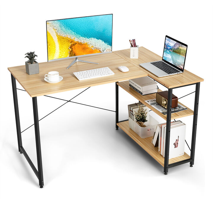 Costway 48'' Reversible L Shaped Computer Desk Home Office Table Adjustable Shelf Brown