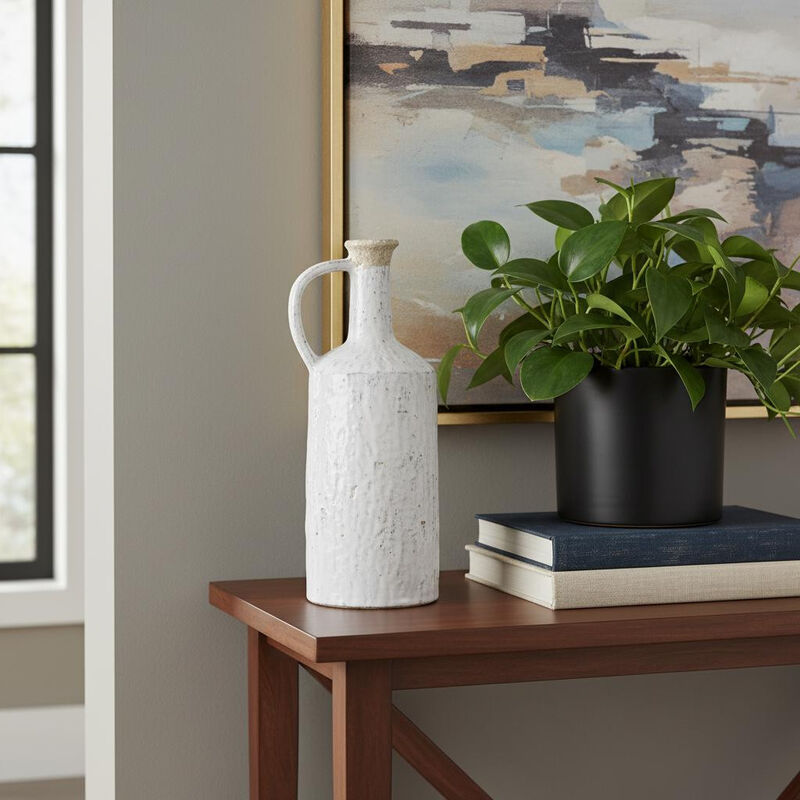HomeRoots 13" White Terracotta Cylinder Jug Vase image number 1