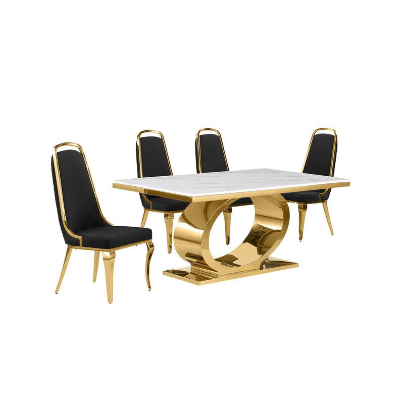 5pc Small(68") marble top dining set with gold base and 4 Black side chairs