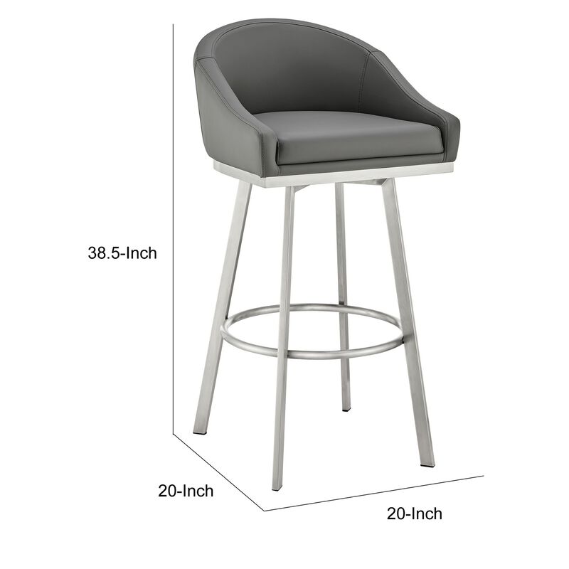 Sheryl 30 Inch Metal Swivel Bar Stool Chair, Low Back, Gray Faux Leather - Benzara