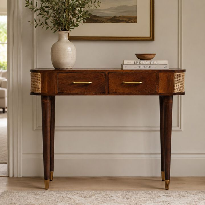 Artisan Furniture Solid Wood Belmont Cane Edge Console Table, 2 Drawers, Brown