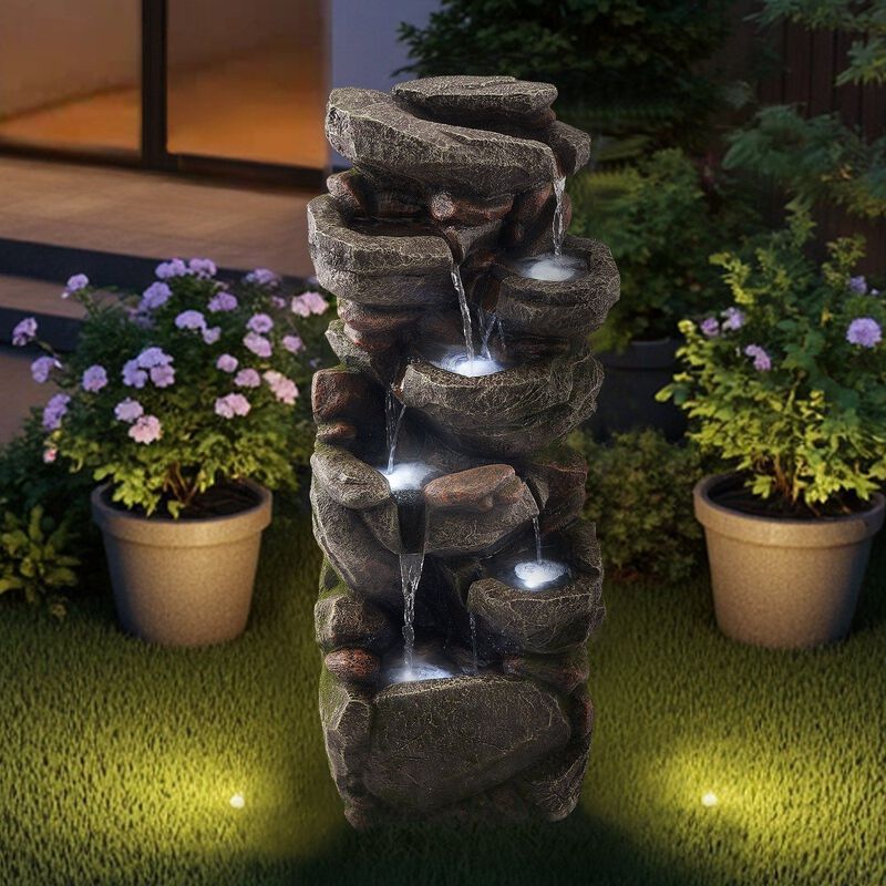 7-Tier Outdoor Water Fountain with LED Light, Rock Cascading Design for Garden Patio image number 1