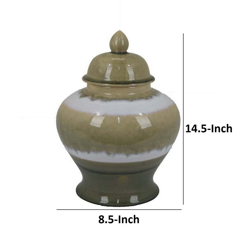 15 Inch Temple Jar with Lid, Ceramic Home Decor, Earth Toned Brown, White - Benzara