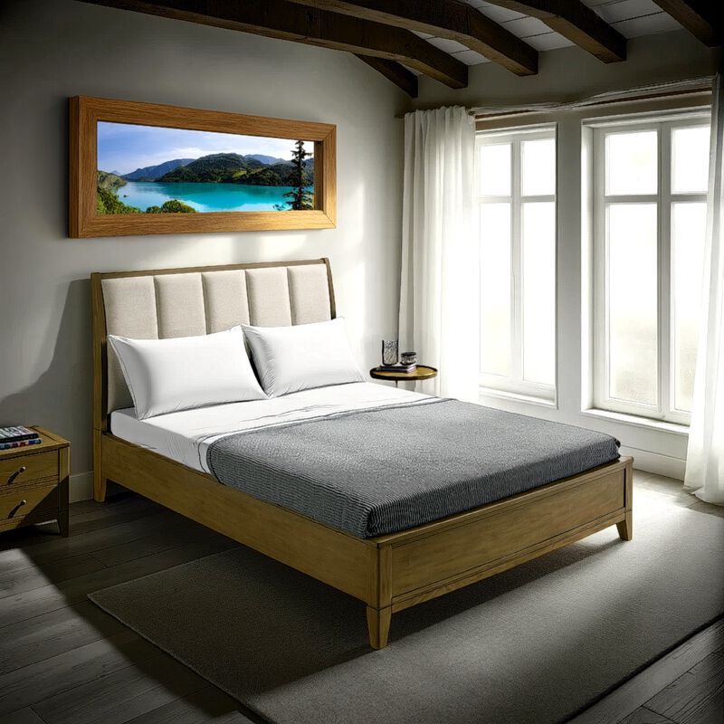 Heon King Bed, Block Panel Headboard, Ivory Upholstery, Pine Wood - Benzara image number 5