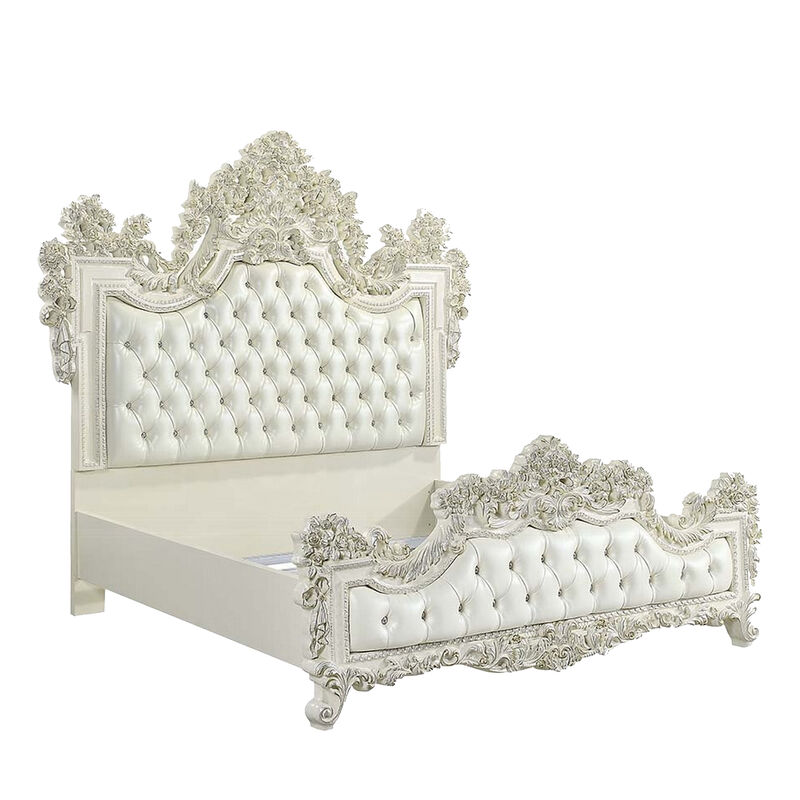 Bo Four Piece Full Bedroom Set, Baroque Style, White Faux Leather Uphosltery - Benzara image number 1
