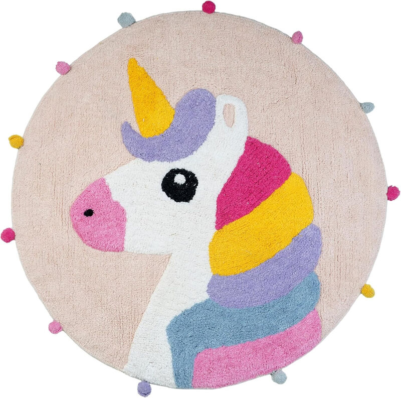 HomeRoots 32" Pink And Yellow Cotton Unicorns Round Youthful Bath Rug image number 0
