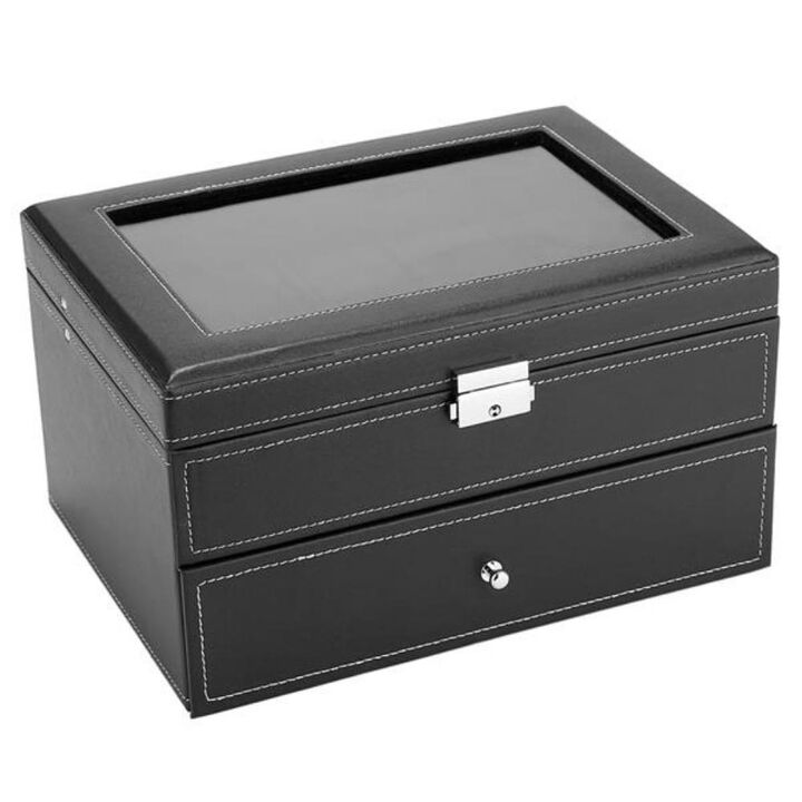 Lockable 20-Slot Watch Box for Men with Glass Top Display & Organizer