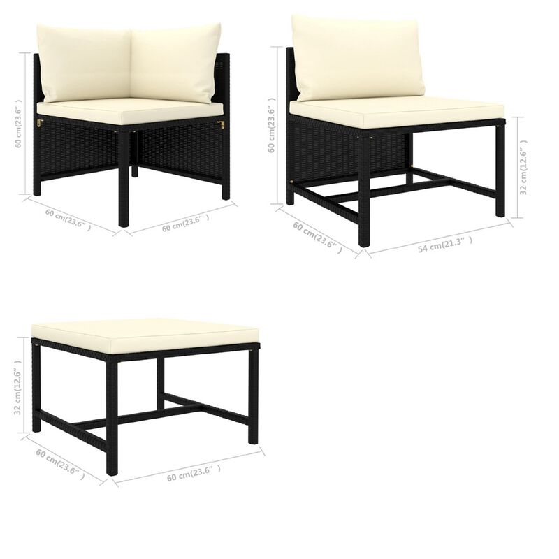 Reno 9pc Outdoor Modular Sofa Set, Ivory Fabric Cushions, Black Rattan - Benzara