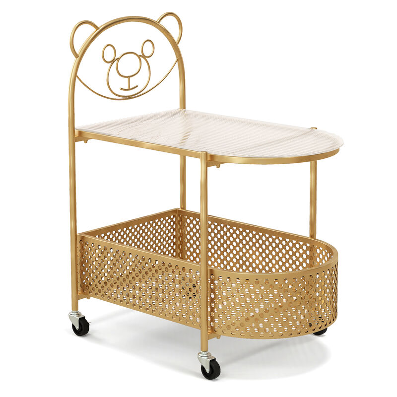 2-Tier Mobile Glass Coffee Table with Adorable Bear Pattern Design