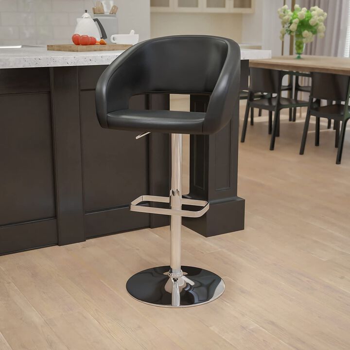 Flash Furniture Erik Comfortable & Stylish Contemporary Barstool with Rounded Mid-Back and Foot Rest, Adjustable Height - Black Vinyl with Chrome Base