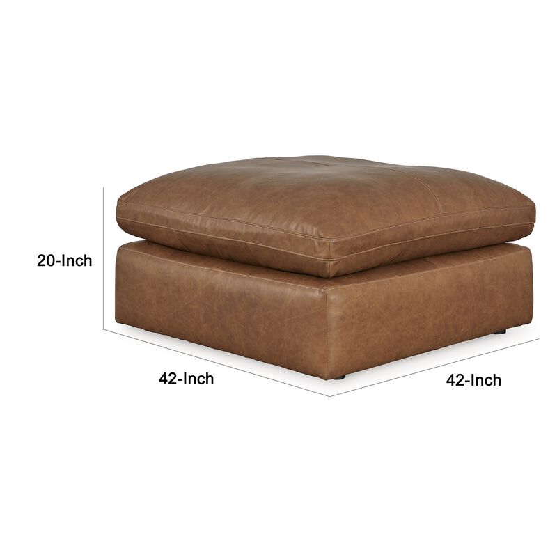 Accent Ottoman, 42 Inch Square, Caramel Brown Faux Leather, Non Skid