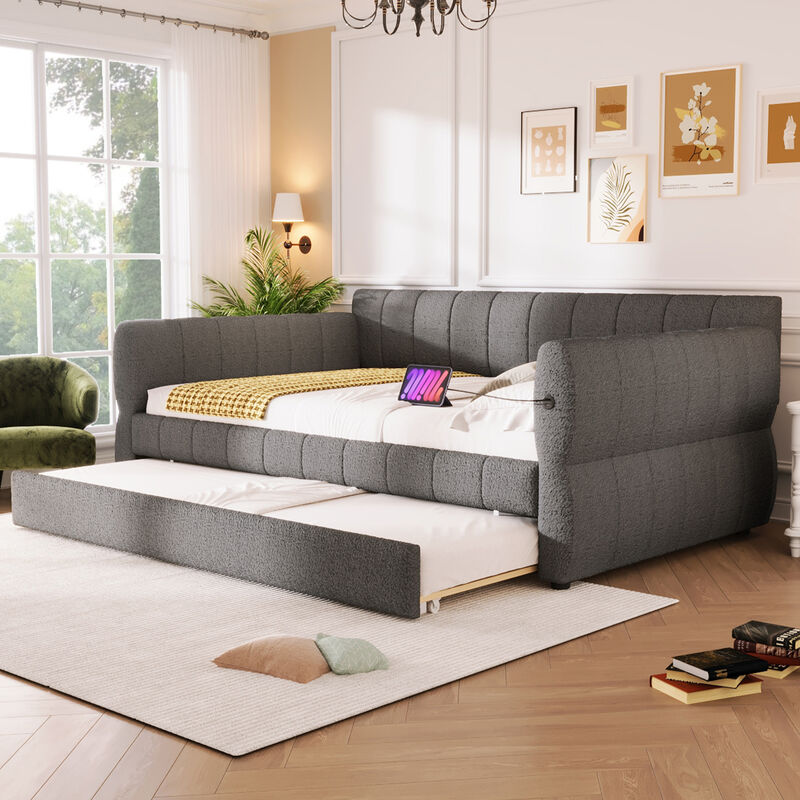 Merax Queen Size Gray Lambswool Upholstered Daybed with USB Charging image number 4