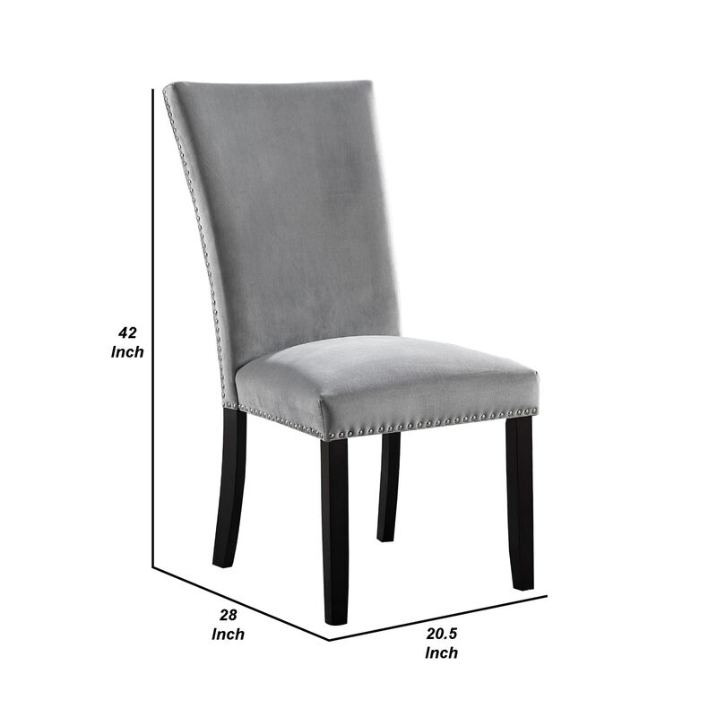 28 Inch Dining Side Chair Set of 2, Padded Gray Flannelette, Black Wood - Benzara