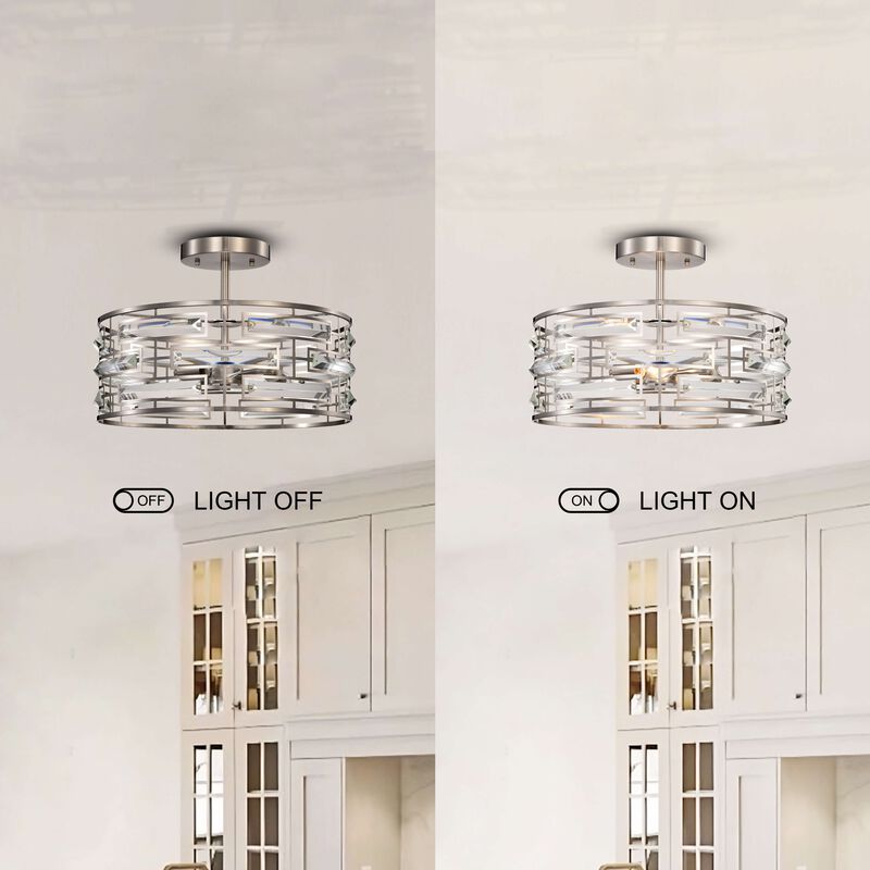 Ariel 17.2" Satin Nickel 3-Light Drum Shade Clear Glass Prism Flush Mount image number 7