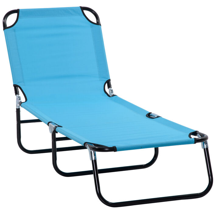 Outsunny Folding Chaise Lounge Pool Chair, Outdoor Sun Tanning Chair with Pillow, 5-Level Reclining Back, Steel Frame & Breathable Mesh for Beach, Yard, Patio, Sky Blue