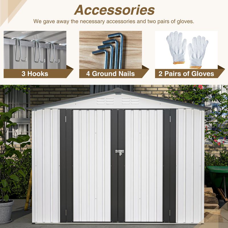 Mondawe 8x6 FT White Outdoor Storage Shed with Lockable Doors