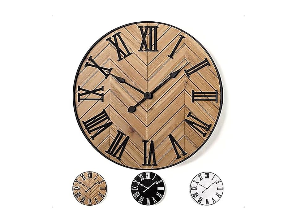 Large Wall Clock 24 Round Silent Metal Wood Farmhouse Living Decor 3D Roman No