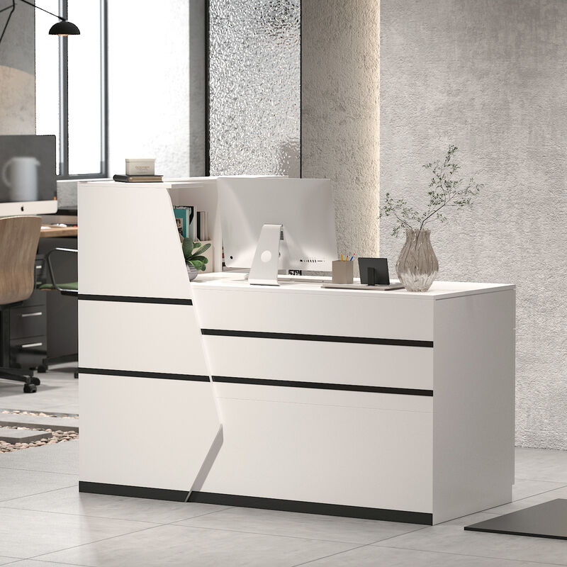 55.1 in. W -43.3 in. H White MDF L-Shaped Computer Desk with a Desktop 3-Storage Shelves 1-Drawer and 1-Cabinet