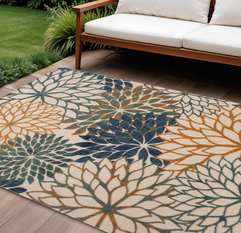 HomeRoots 8' X 11' Blue Green And Orange Floral Indoor Outdoor Area Rug image number 1