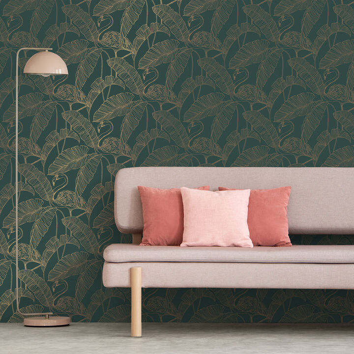 Mulholland Dark Green Flamingo Wallpaper (Set of 2)