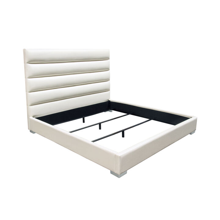 Hela Queen Size Bed, Channel Tufted White Faux Leather Upholstery