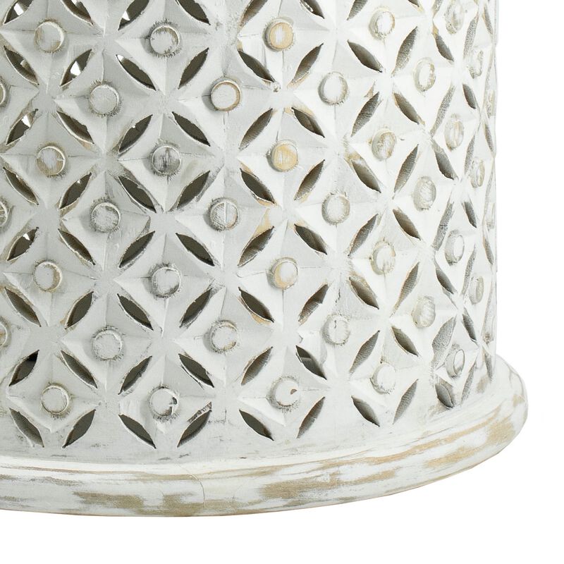 18, 16 Inch Accent Tables, Round, Mango Wood, Floral Cut Out, Brown, White