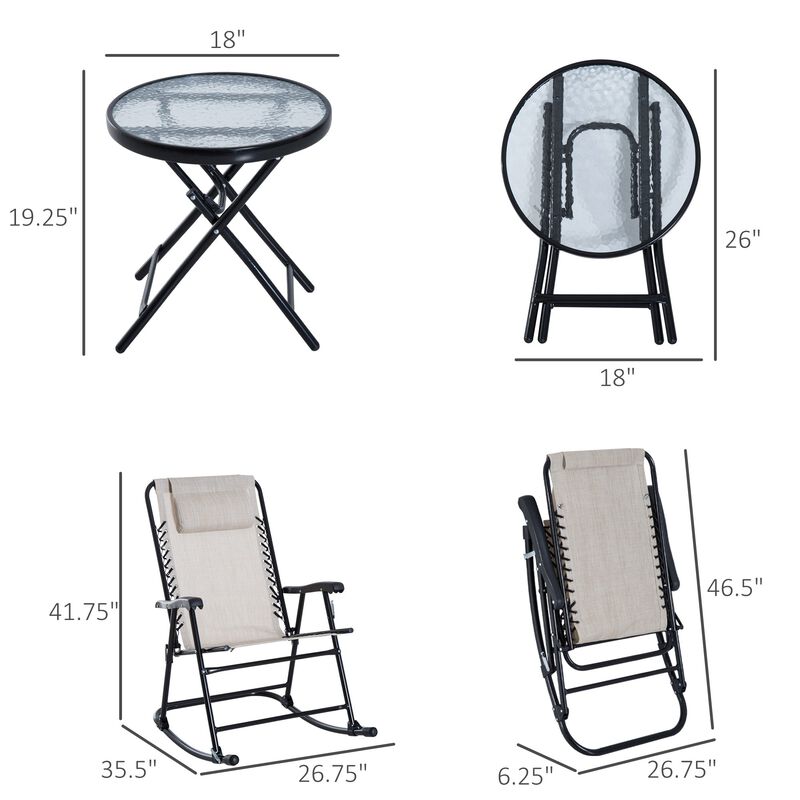 Cream Outdoor Ensemble: 3-Piece Folding Rocking Set with Glass Table