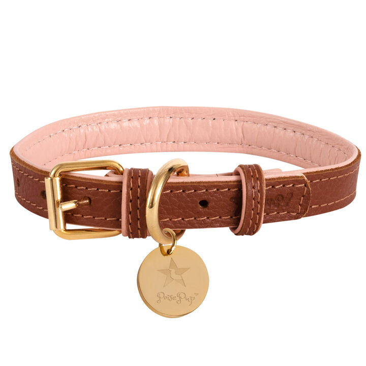 POISEPUP Genuine Leather Dog Collar - Handmade, Adjustable & Soft - Brown | Light Pink