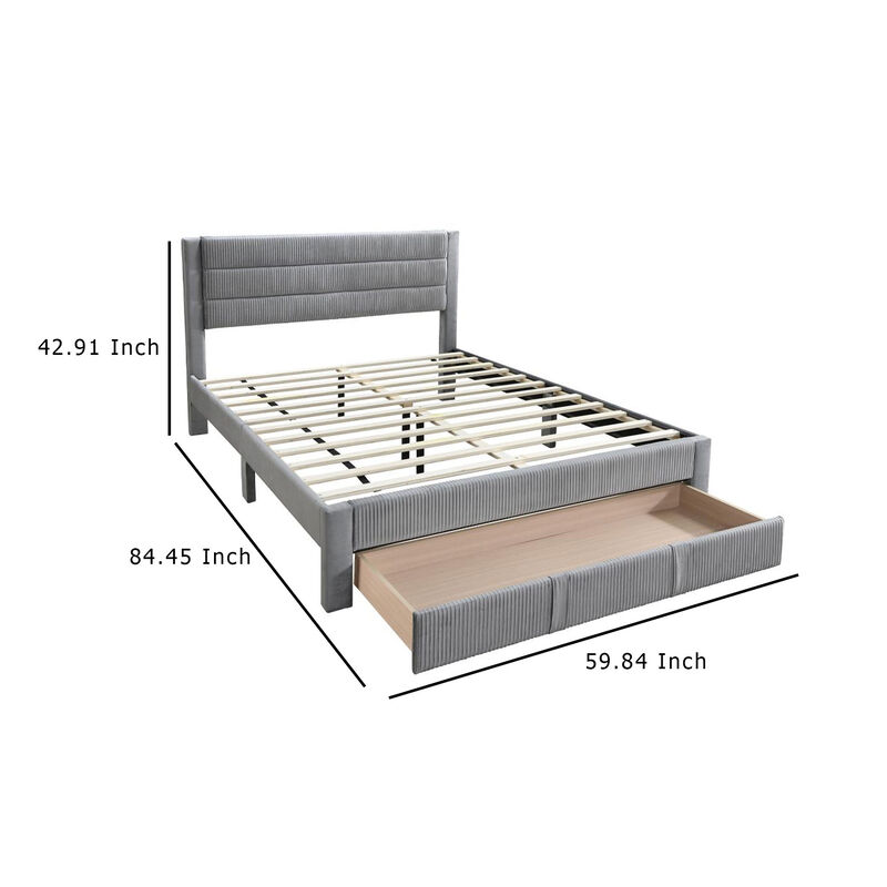 Heo Queen Size Bed w Storage Drawer, Light Gray Corduroy Upholstery - Benzara
