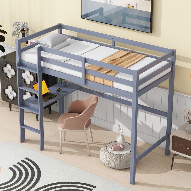 Whisen Twin High Loft Bed, Rubber Wood Loft Bed with Ladder, Safety Guardrail and built-in desk - Gray