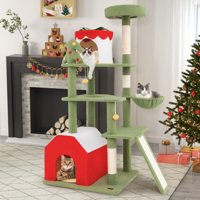Hivvago 61 Inches Cute Christmas Cat Tree with Sisal Scratching Posts and 2 Condos