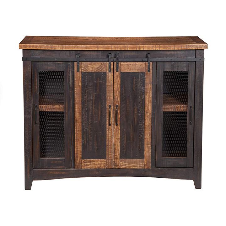 Dual Tone Wood and Metal TV Stand With 2 Mesh Style Doors, Antique Black and Brown-Benzara