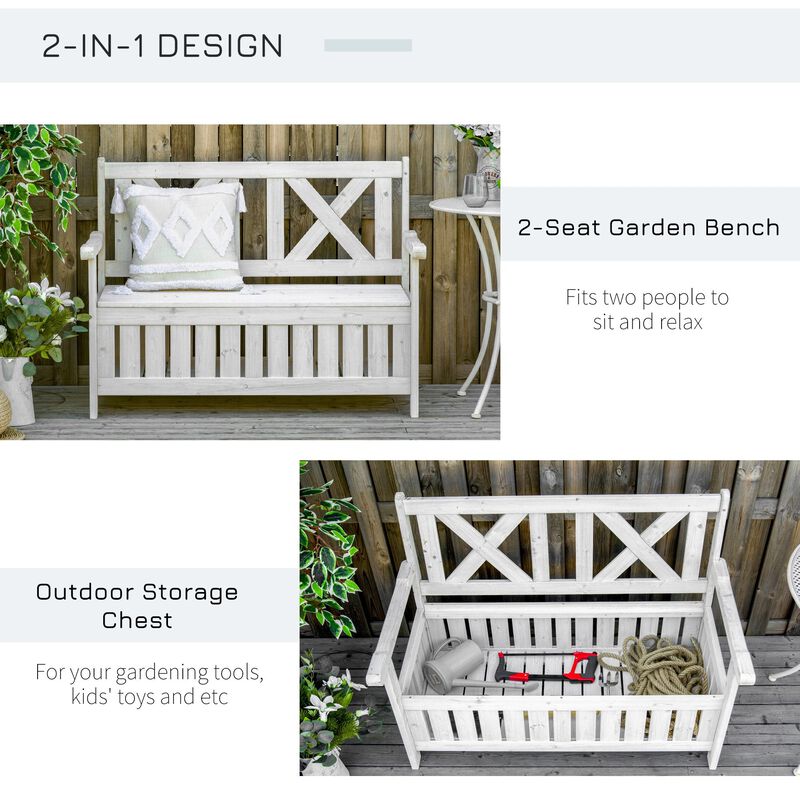 Outdoor Garden Storage Bench 2 Seater Deck Storage Bench With Beautiful Design, Louvered Side Panels & Solid Wood Build, White
