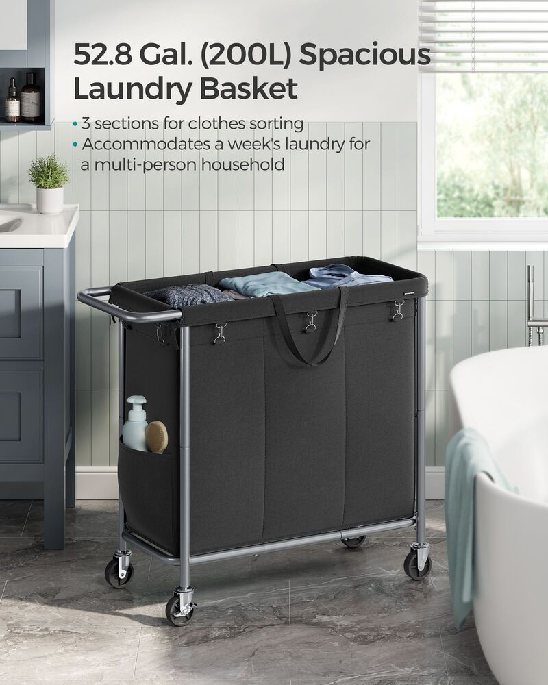 200L Laundry Sorter Cart &ndash; 3-Compartment Rolling Hamper with Removable Liners and Frame