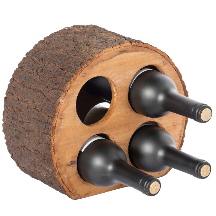 Round Wood Log Style with Bark 4 Bottle Countertop Wine Rack Holder