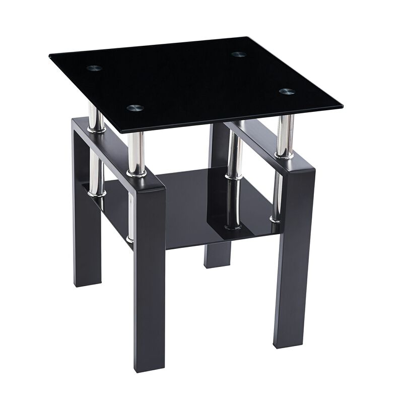 HomeRoots Set of Two Black Glass and Metal Square End Tables With Shelf image number 3