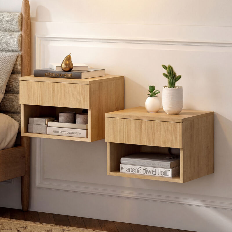 Ettore Mid-Century Modern Floating Wall Mounted Nightstand with Soft-Close Drawer and Cable Hole (Set of 2) image number 1