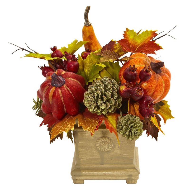 Nearly Natural 11-in Pumpkin, Gourd, Berry and Maple Leaf Artificial Arrangement